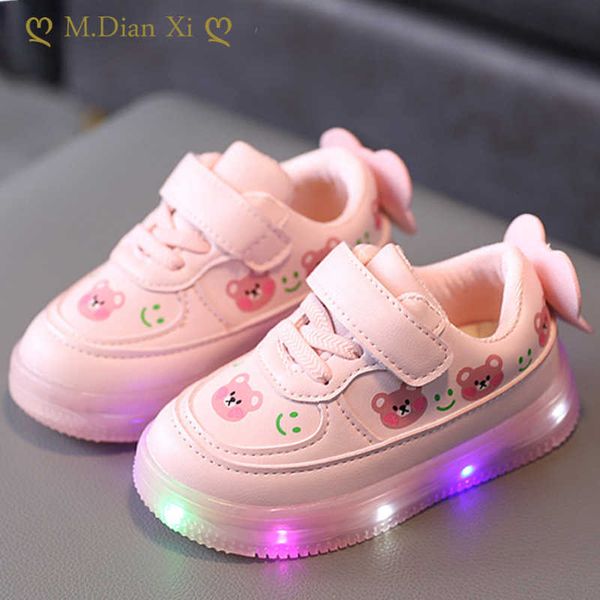 Sapatos planos adorável criança com luzes LEDs luminosos tênis para crianças meninas sapatos brilhantes pequenos urso tenis presente p230314