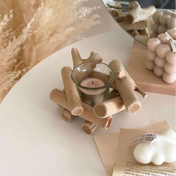 Portacandele Portacandele in legno con tazza di vetro Artigianato fatto a mano Candeliere a lume di candela Decorazione della tavola di casa