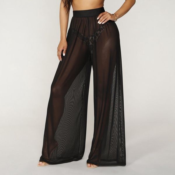 Pantaloni da donna Capris Donna See Through Boho Pantaloni a gamba larga a vita alta Beach Long Loose Mesh Sheer 230313