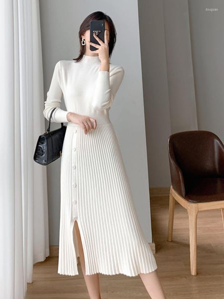 Vestidos casuales Moda coreana Vestido vintage de punto Mujeres Suéter Jersey Botón blanco Split Sexy OL Ropa de invierno