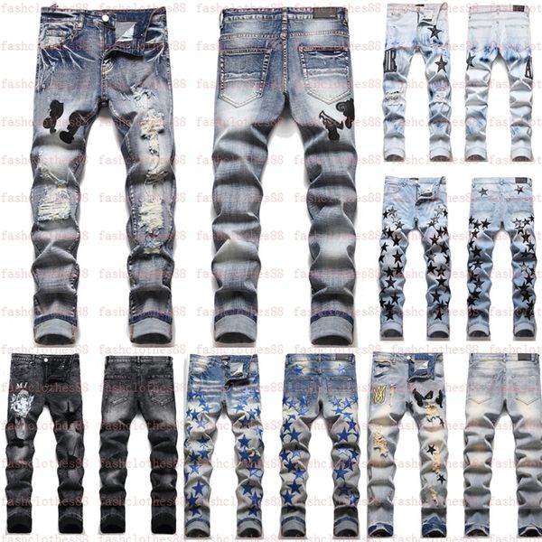 Jeans masculino European Jean Broken Hombre Letter Star Men Bordado Patchwork Rasgado For Trend Brand Motorcycle Pant Mens Skinny