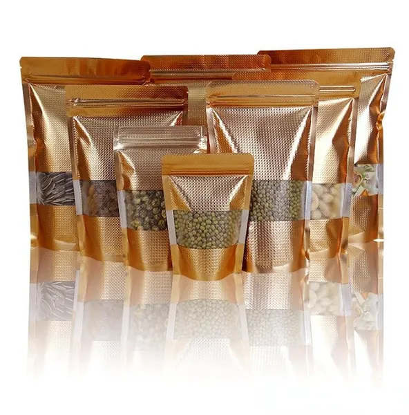 100pcs Gold Embaseed Packaging Packaging Zipper Ziplock Bag com janela transparente Reseslable