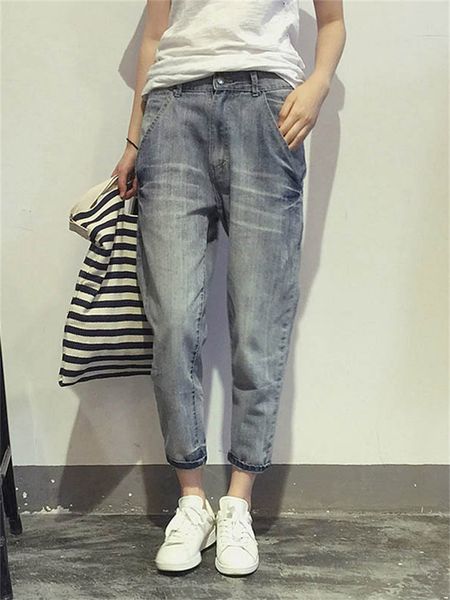 Damen Jeans 16023 Frühling Koreanischer Stil Lose Büro Damen Streetwear Einfarbig Hellblau Elastische Bleach Scratch Denim Hosen 230313