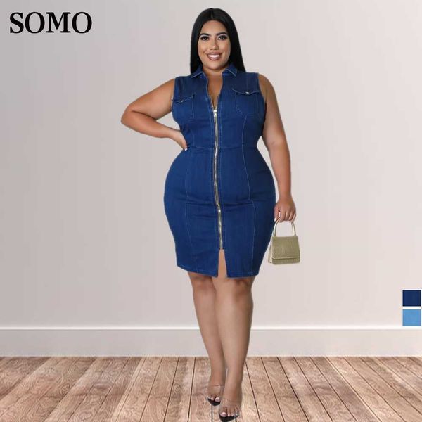 Vestidos de tamanho plus size roupas de verão sem mangas zíperas de jeans feminino tanque elegante moda lapela por atacado 230307