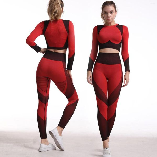 Set attivi Allenatore a maniche lunghe Crop Top senza cuciture Pantaloni da yoga Tuta da fitness Sport Set da palestra rosso Abbigliamento da donna elastico in vita