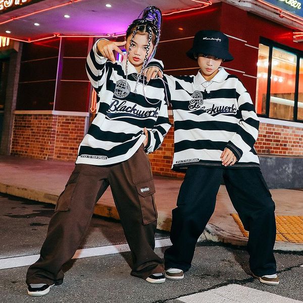 Abbigliamento da palco per bambini Kpop Abbigliamento hip-hop Ragazzo Felpa con collo alto a righe Pantaloni cargo Top Ragazza adolescente Costume da ballo jazz Abiti di moda