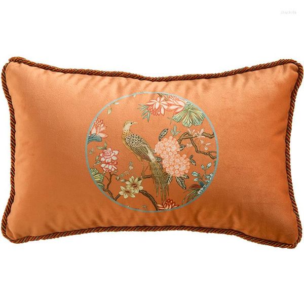 Travesseiro de travesseiro doméstico de almofada de arte oriental hidrangea flor e sotaque de pássaro sotaque laranja veludo de luxo travesseiro lombar 30x50cm