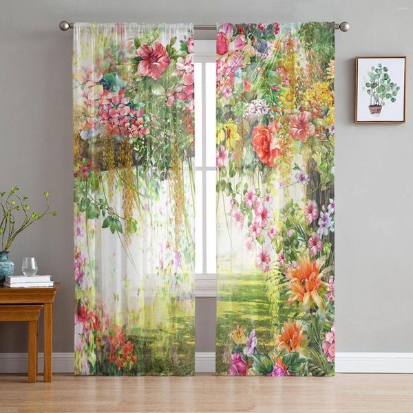 Tenda stile pittura a olio fiori primaverili tulle tende per finestre soggiorno organza voile trasparente camera da letto cucina decorazioni per la casa drappeggio