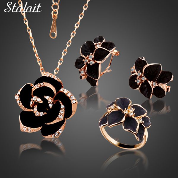 Hochzeit Schmuck Sets Mode Rose Blume Emaille Schmuck Set Rose Gold Farbe Schwarz Braut Schmuck Sets für Frauen Hochzeit Verkauf produkte 230313