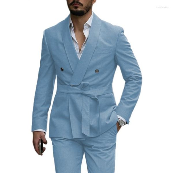 Abiti da uomo Azzurro Uomo con cintura Scialle Risvolto Custom Made Prom Terno Masculino Slim Fit Giacca da sposo 2 pezzi Giacca pantalone