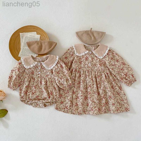 Mädchen Kleider Koreanischen Stil Schwester Kleidung Kinder Party Kleid Baby Mädchen Strampler Blumendruck Langarm Herbst Frühling Mädchen Prinzessin Kleid W0314