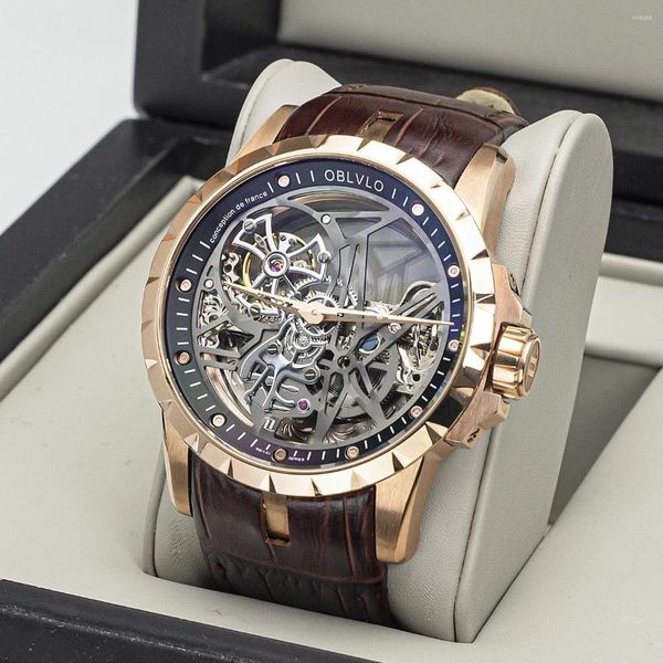 Нарученные часы Oblvlo Top Brand Casual Men Meganical Watches Rose Gold Скелетон скелет. Автоматические подлинные кожаные водонепроницаемые часы