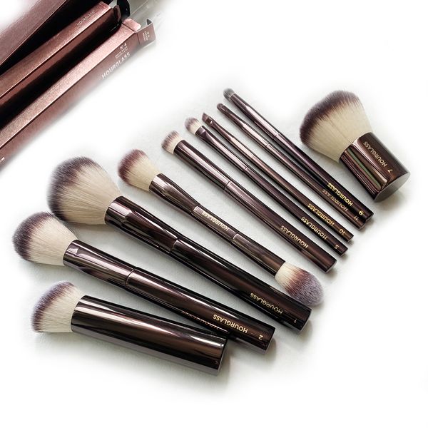 Sandglas Make-up Pinsel Set 10pcs Kosmetische Pinsel für Gesicht Pulver Blush Lidschattenfalte Concealer Brow Liner Smudger Dark-Bronze Metall Griff Beauty Tools