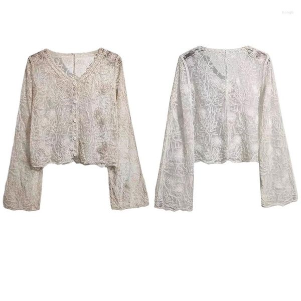 Camicette da donna Cardigan corto a maniche lunghe in pizzo floreale all'uncinetto da donna Top Giacche in maglia trasparente con scollo a V in stile coreano