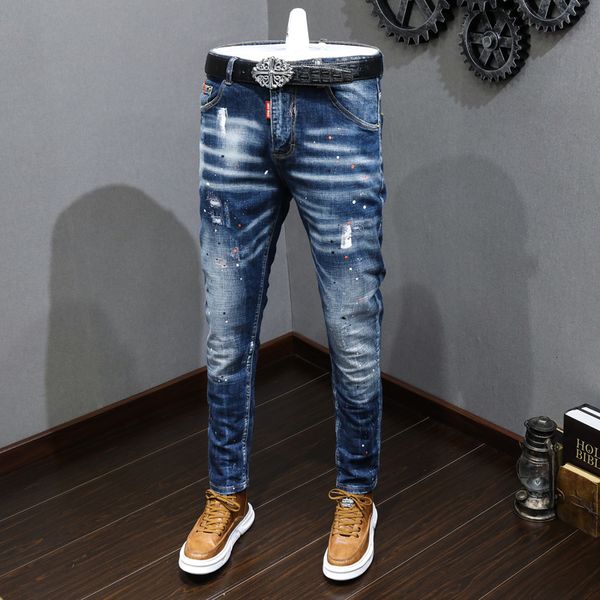 Erkek kot moda tasarımcı erkek kot pantolon retro mavi streç ince fit boyalı yırtık kot erkekler Kore tarzı vintage gündelik denim pantolon hombre 230313