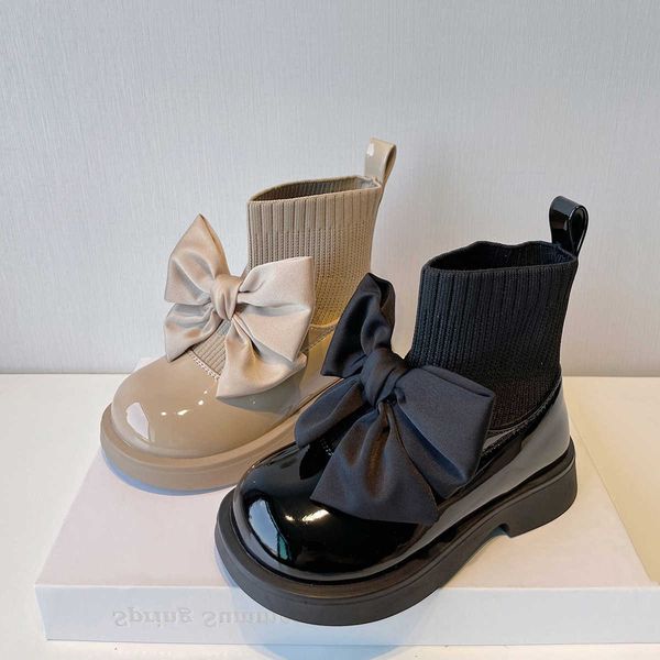 Düz ayakkabılar kızlar bebek kürk botları sonbahar deri ayakkabılar bowtie pembe siyah çocuklar için kısa ayak bileği patik boyutu 26-36# p230314