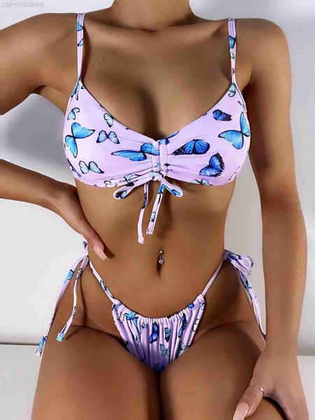 Costumi da bagno da donna Bikini 2022 Costumi da bagno sexy Costume da bagno Donna Farfalla Stampa coulisse Bikini annodato Costume da bagno Bikini da spiaggia Push up femminile