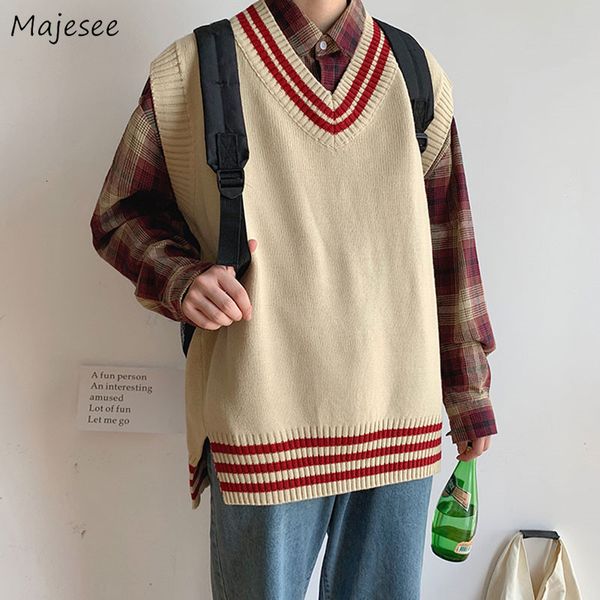 Männer Westen Männer Pullover Gestreiften Ärmelloses V-ausschnitt Gestrickte Shrug Ins Preppy Stil Ulzzang Chic Freizeit Lose Männliche Kleidung Harajuku 230313