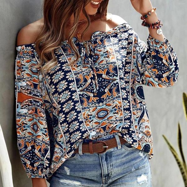 Blouses femininas 2023 Mulheres sexy Spring Autumn Ruffles Chiffon Tops Tees Floral Plus Size Off ombro Casual Casual Blusa Camisa