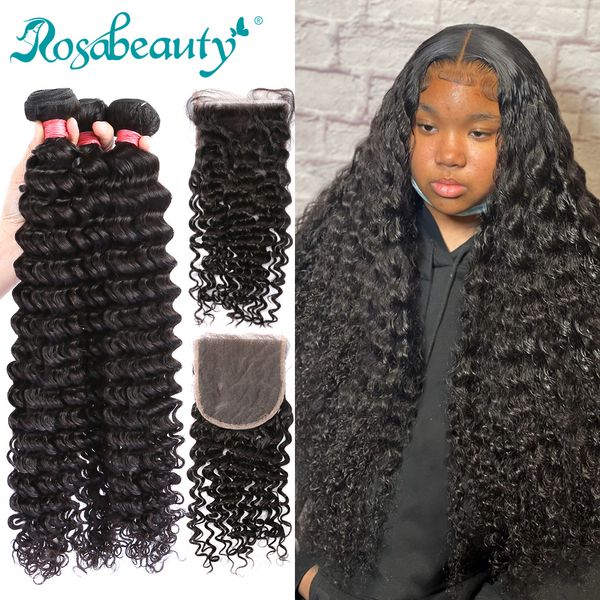 Hair Pedaços Rosabeus 30 Pacotes de onda profunda de 32 polegadas com fechamento Remy peruano tece a água encaracolada e 5x5 HD Lace Frontal 230314