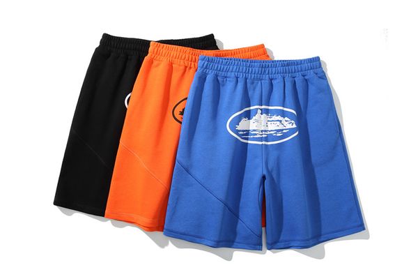 Europa e shorts masculinos de rua High Street College Faculdade tridimensional Corte de cinco centavos Desenham shorts de estampa esportiva casual de corda