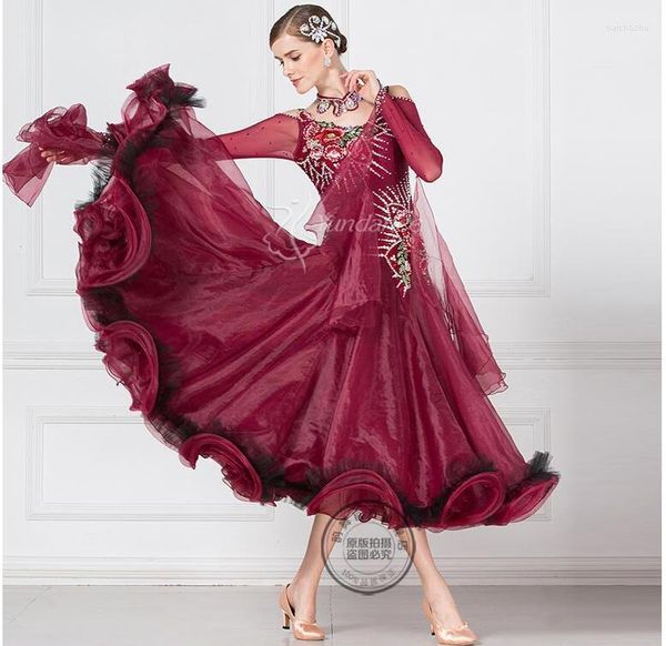 Stage Wear Competition Ballroom Standard Dance Dress Abbigliamento Abiti da valzer Vino rosso17206