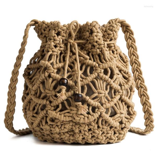 Borse da sera Borsa a secchiello intrecciata in filo di cotone fatto a mano Borsa da vacanza da spiaggia da donna a spalla vintage