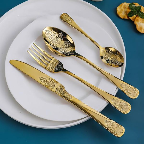 Set di stoviglie set di posate in acciaio inossidabile in stile europeo Golden Pattern Scoon Scoon Fork Set di stoviglie Western Restaurant