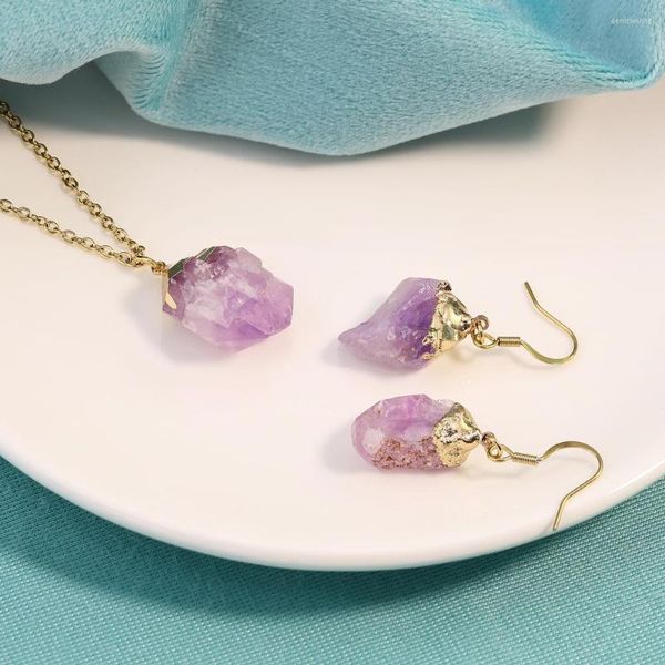 Anhänger Halsketten PolishedPlus Trendy Unregelmäßiger Rohohrring Natürlicher Kristall Amethyst Druzy Heilpunkt Ohrringe Quarz Schmuck Halskette