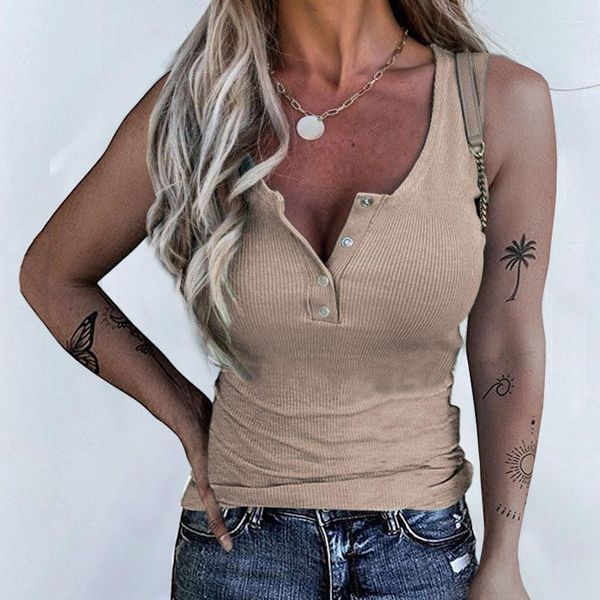 Tanques femininos de verão Mulheres meio-abertas botão tricotado tampas sexy decote em V Sleeveless Slim Oversize