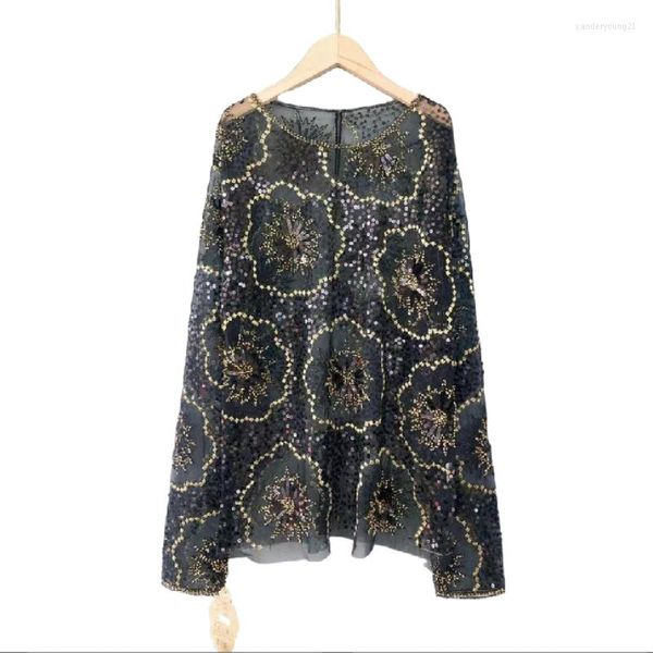 Camicette da donna T-shirt in pizzo di seta brillante di lusso Camicie con fiori ricamati in chiffon sottile Top a maniche lunghe con paillettes Blusas