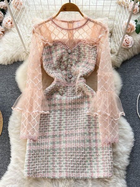 Sıradan Elbiseler Kore Tatlı Dantel Patchwork Kadınlar İçin Tüvit 2023 Bahar Moda Lüks Zarif Ekose Küçük Koku Elbise Mini Vestidos
