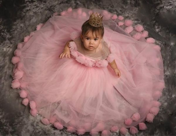 Mädchenkleider 2023 süße Mutter und Tochter rosa Blume Geburtstag schiere Hals handgemachte Blumen kleine Mädchen Hochzeitskleid Kommunio