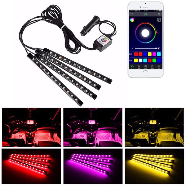 Araba iç şeritleri ışıklar 48 LED araba atmosfer lambaları Glow neon ışıkları çok renkli müzik araba LED şerit ışıkları altyapılar dc12v crestech168