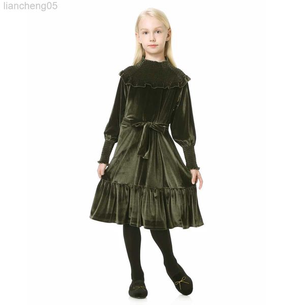 Abiti da ragazza di colore verde oliva 2023 Nuovo autunno Baby Teen Girls Dresses Velvet Big Girl Dress Elegant Elastic Neck Sister Abibioni #9001 W0314