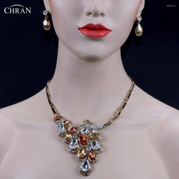 Серьги ожерелья набор Chran изящный золотой цвет Drop Crystal Свадебные украшения шарм животные павлин дизайн женские женщины подарок