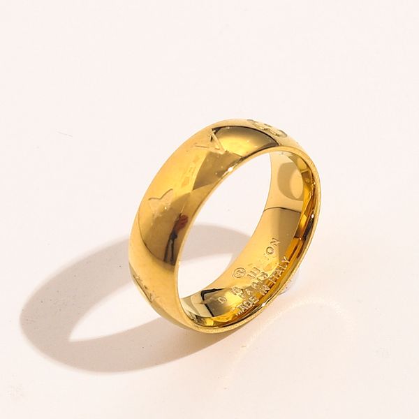 Luxus-Schmuck-Designer-Ringe für Damen, Liebe, bezaubernde Hochzeitszubehör, 18 Karat vergoldeter Edelstahlring, feiner Fingerring, geprägter Stempel, breite Herren