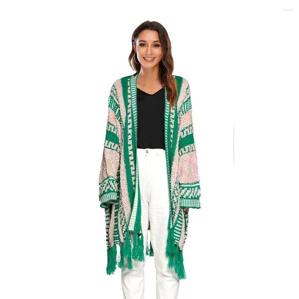 Magliette da donna CGYY DONNE Spring Autumn Autunno Boho Cardigan Batwing manica aperta Maxi maglione a maglia Azteca Tascia tribale Fringe Vintage Coat