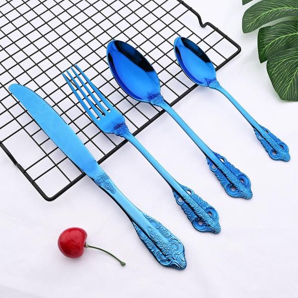 Abendessensets Mirror Castlery Set Blau 18/10 Edelstahl Abendessen Gabel Messer Tee Löffel Luxusgeschirr Küchen Silberwaren