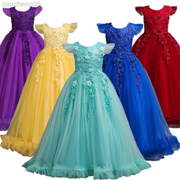 Abiti da ragazza 4-15 anni Abito per bambini per ragazze Abito lungo da ragazza in tulle di pizzo da sposa Elegante abito da cerimonia da spettacolo per feste da principessa per bambini adolescenti W0314