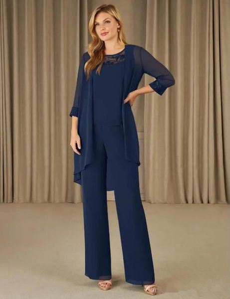 Abito per la madre della sposa Abito con pantaloni 2023 Rosa Blu navy Taglie forti Chiffon 3 pezzi Abito per invitati a un matrimonio con giacca Chic Abiti da festa Eleganti