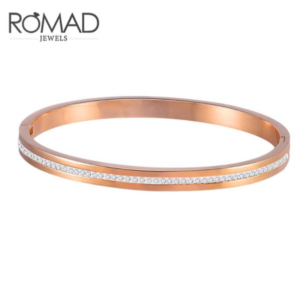 Bracciale rigido in acciaio inossidabile moda arrivo aperto per donna Braccialetti femminili in pietra CZ a fila singola in colore oro rosa R4