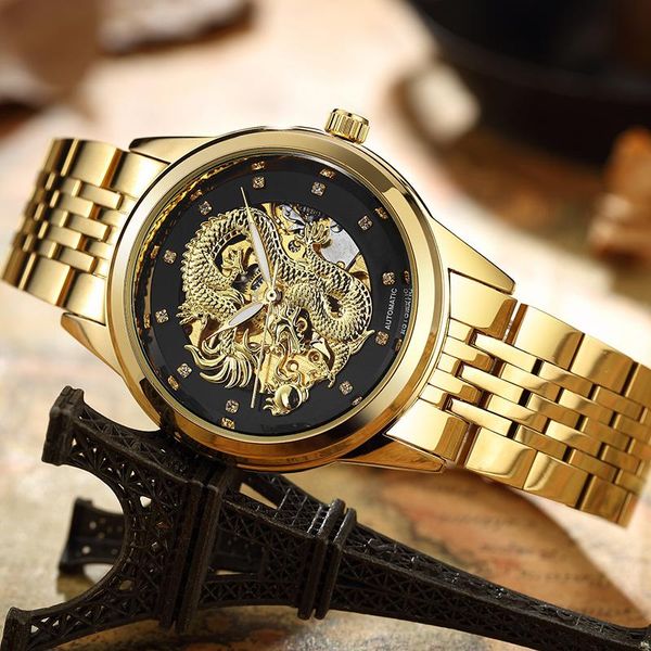 Avanadores de pulso Men Dragon Watch Automatic Mechanical Wristwatch Aço de luxo aço preto relógio dourado luminoso esqueleto recar