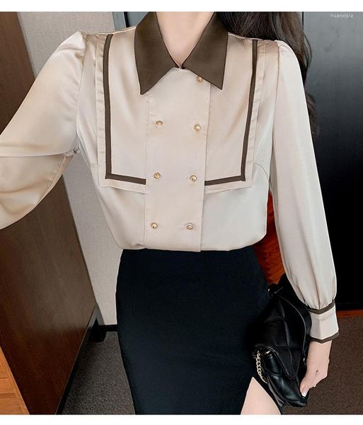 Blusas femininas elegantes mulheres belusas vintage tampos de moda chiffon tamanho grande mangas compridas botão de botão, estilo de deslocamento regular