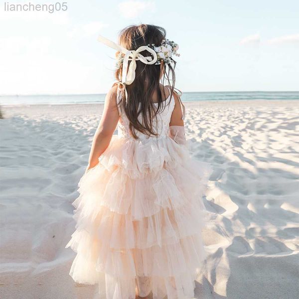 Abiti da ragazza Estate Ragazze Senza maniche Cinturino Abito da principessa Bambini Fiore di pizzo Abiti da prima comunione Bambini Nuova moda Spiaggia Abiti in tulle W0314