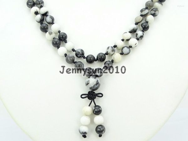 Strand Natural Black And White Zebra 6mm Gems Stone Buddhist 108 Beads Prayer Mala Knot Necklace Multi-Purpose 5Strands/Pack