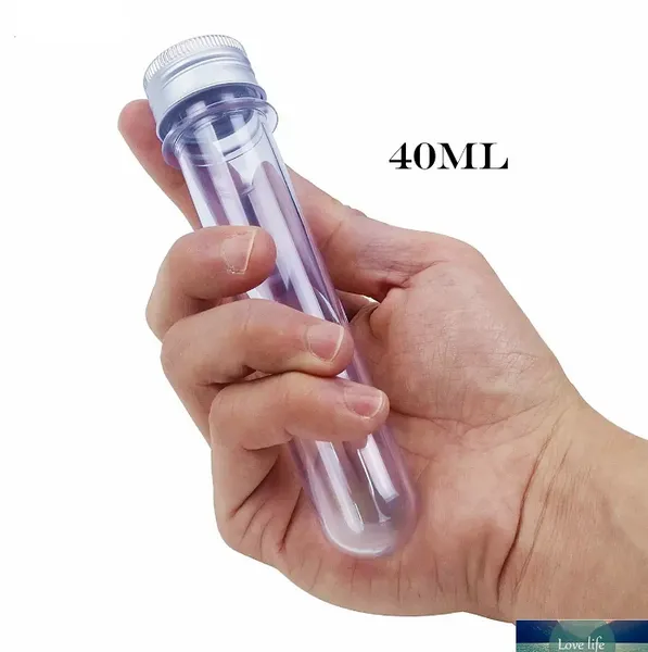 Großhandel 40-ml-Reagenzgläser aus durchsichtigem Kunststoff mit Schraubdeckeln aus Aluminium, Badesalzbehälter, 14224-mm-Kosmetikverpackungsflasche mit druckempfindlichem Verschluss