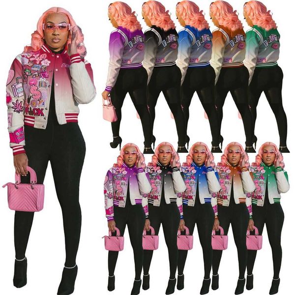 Kadın Ceketler Tasarımcı 2023 Yeni Moda Sonuçları Desen Baskılı Düğme Bombacı Gradyan Renk Üstleri Katlar S-XXL