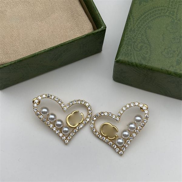 Unregelmäßiger Herz-Liebes-Charm mit Volldiamanten, Perlenkette, Ornament-Ohrringe, Damen-Ohrstecker mit Buchstaben-Geometrie, hohl