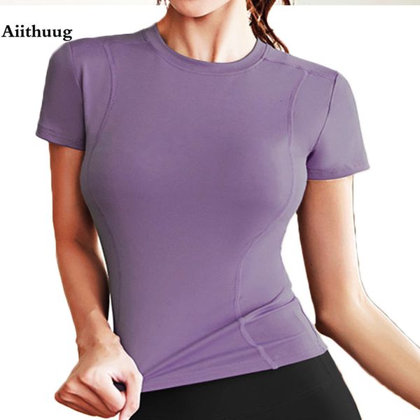 Kadın T-Shirt Aiithuug Kısa Kollu Yoga Gömlek Çalışan Gömlek Gym Egzersiz Hızlı Kuru Yumuşak Üstler Sıkıştırma Spor Tişört Basit Elastik Mahsul Top 230314